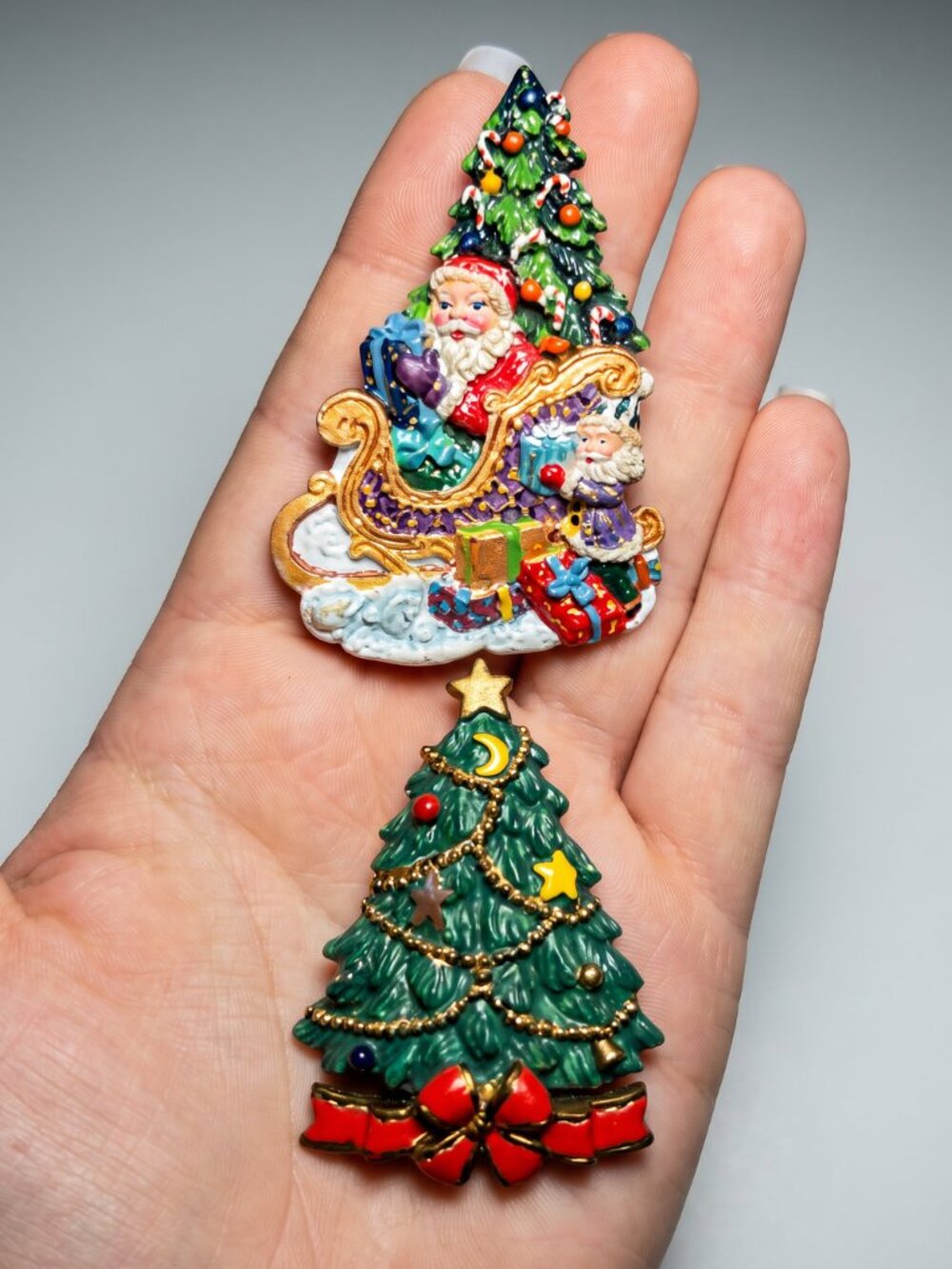 Vintage Christopher Radko Trim A Tree Santa & Christmas Tree Brooch Pin Set of 2